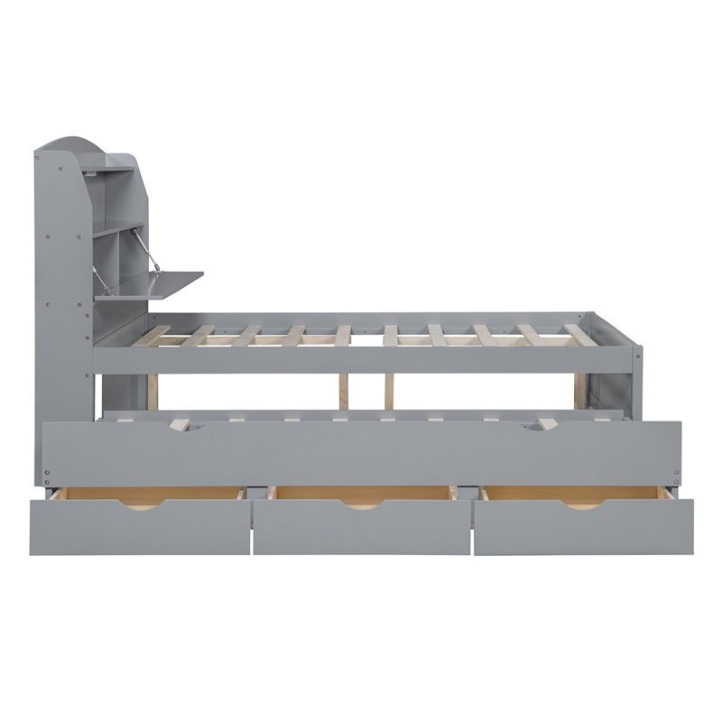 Lit plateforme moderne en bois avec lit gigogne et tête de lit à DEL avec tiroirs, Complète, gris