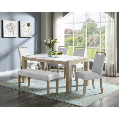 6pc Dining With Rectangular Marble Table And Upholstered Chairs, Modern Chic Style Look Contemporary , White Stone Chair Group