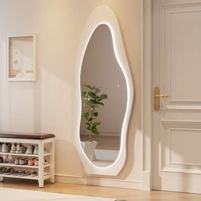 Wavy LED Full-Length Mirror, Solid Wood Frame, Shatterproof, Floor & Wall Mount