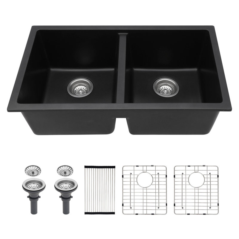 Quartz Kitchen Sink - 33" X 19" Black Granite Composite Undermount Kitchen Sink Double Bowl(50/50), Black