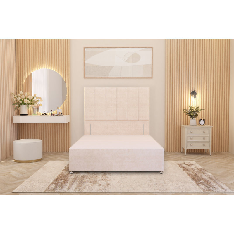 Asterin Divan Bed Base with 54" Floor Standing Headboard Plush Velvet, Kingsize (5'), Ivory, 2 Drawers