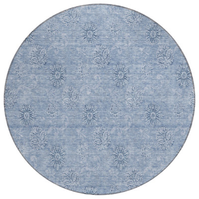 HomeRoots 8' Sky Blue And Blue Round Floral Washable Indoor Outdoor Area Rug