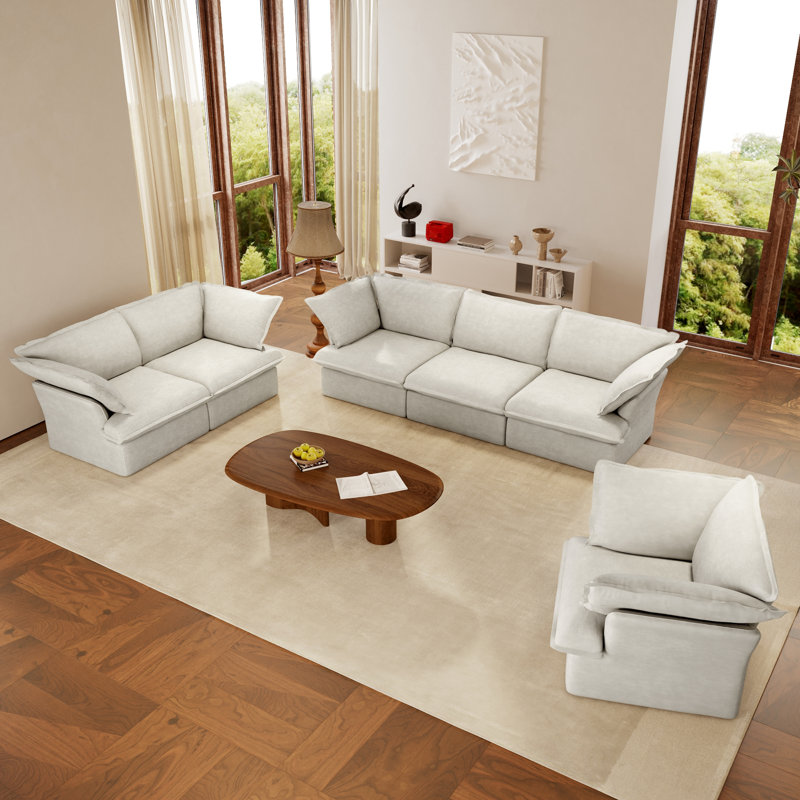 Ensemble de salon modulaire 3 pièces, Mélange de lin de couleur naturelle, Beige