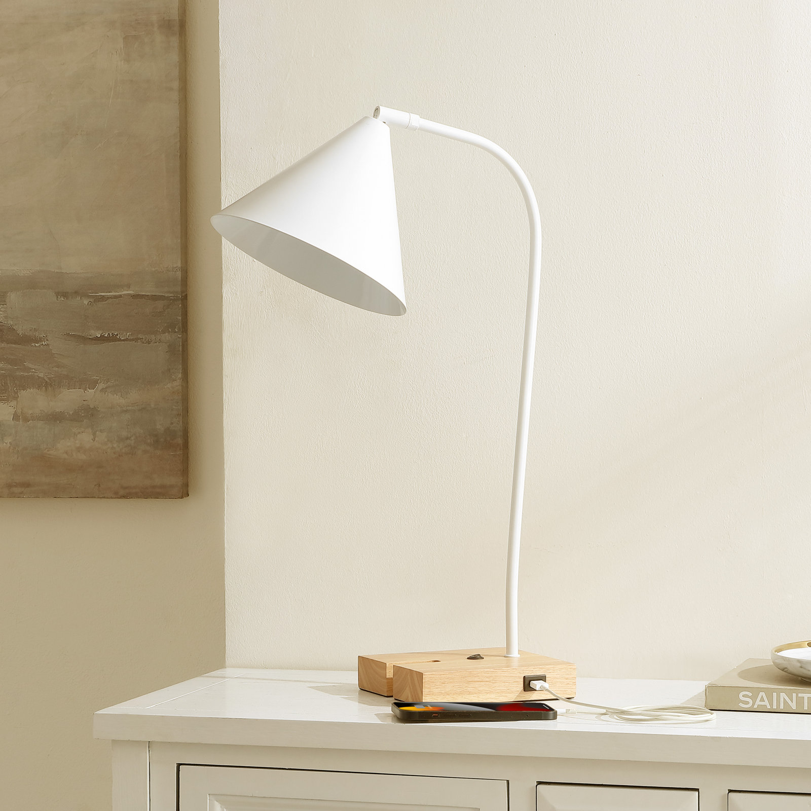 Dalli Solid Wood USB Desk Lamp, Natural, White