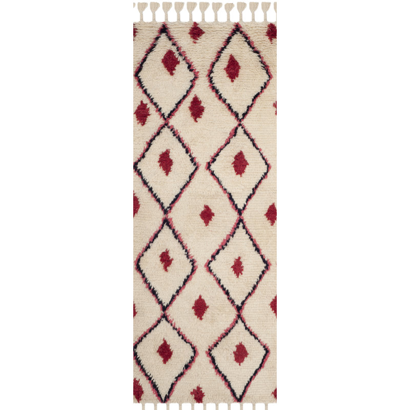 Tapis géométrique beige / rouge en laine / coton touffeté à la main Powell, Tapis de couloir 2 pi 3 po x 8 pi