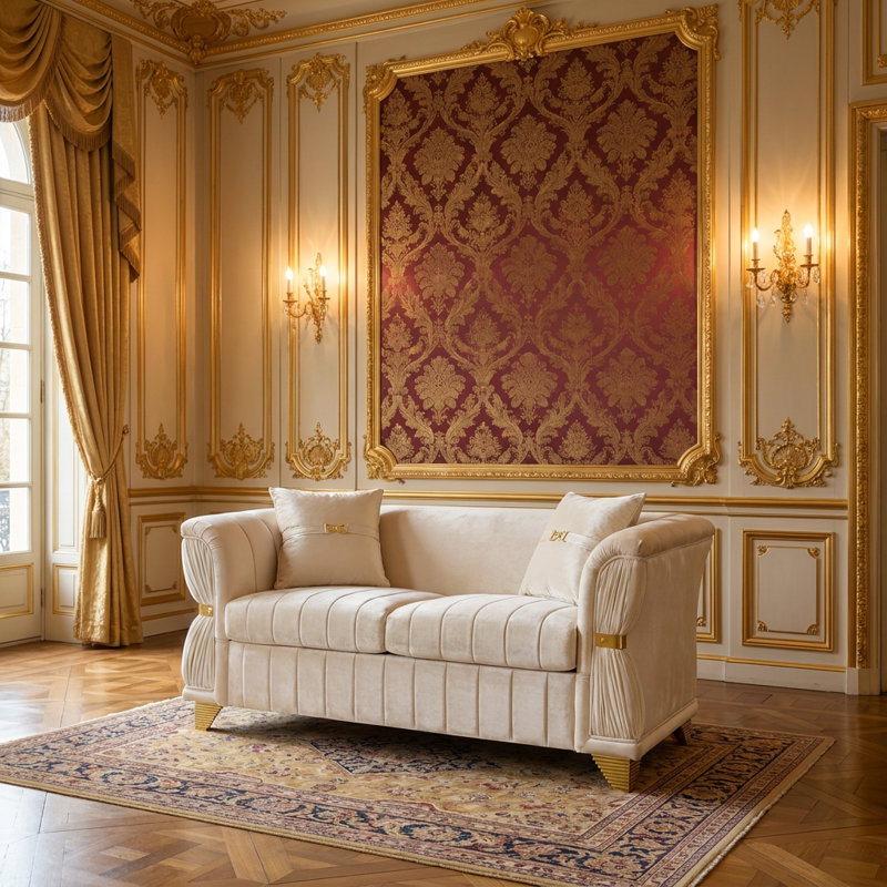 Causeuse moderne 61,8 po avec détails plissés, bordure dorée, pieds fuselés, accoudoirs courbés, 2 coussins, Beige