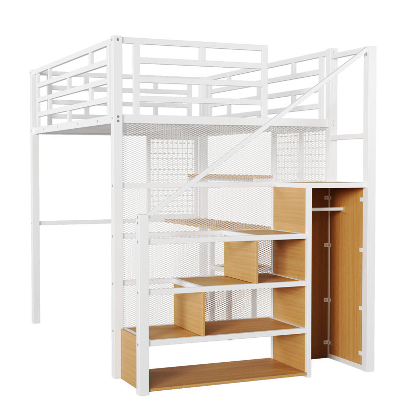 Lit mezzanine double en métal avec garde-robe, bureau et tablette de rangement ouverte, Blanc