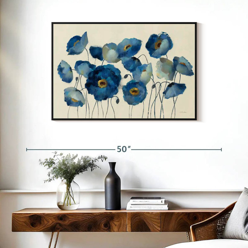 Aigue-marine floral sur crème, Cadre flottant noir, 37 po x 25 po