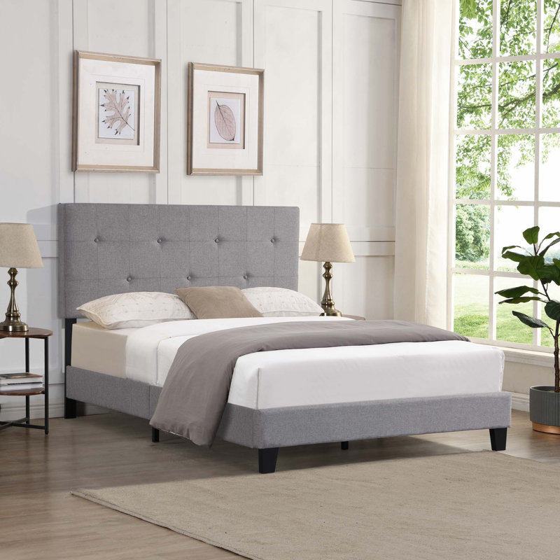 Structure de lit plateforme tapissier avec tête de lit capitonnée en tissu de lin, support en lattes de bois, Gray, Queen
