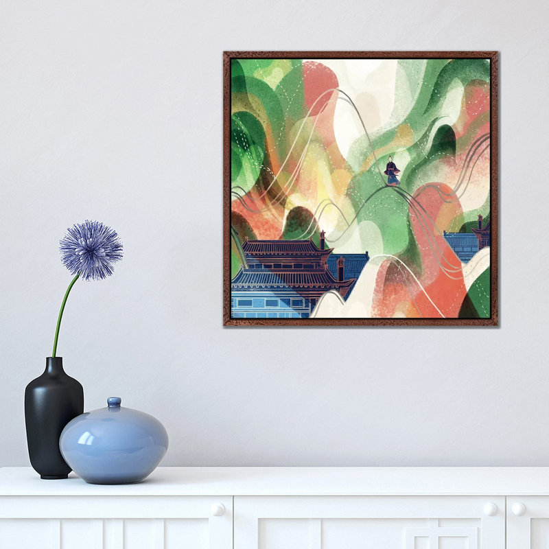 Flowing Mountain by Sija Hong - Painting on Canvas, Classic Brown Wood Framed, 45.72 cm H x 45.72 cm W