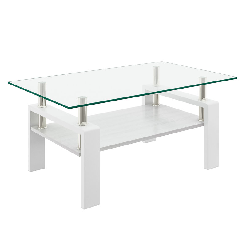 Rectangle Coffee Table With Tempered Glass Tabletop, Clear, White