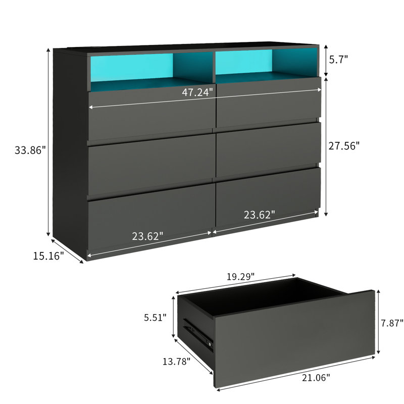 Dresser 6 Drawer With Power Outlet & LED Lights, Black