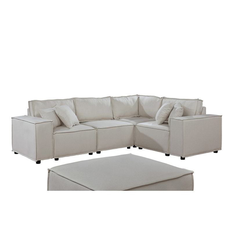 Canapé modulaire de 99 po avec repose-pieds en lin beige Melrose