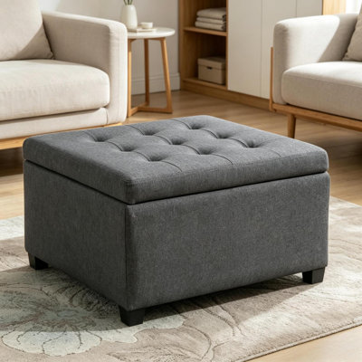 Storage Benches With Wood Frame, Gray Tufted Vintage Ottoman For Home