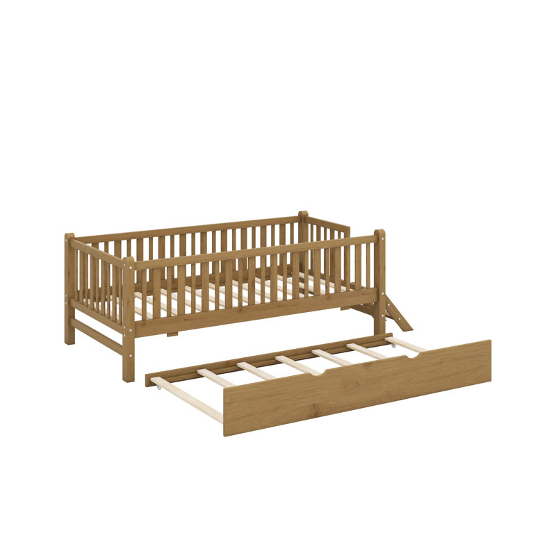 Lit plateforme simple avec garde-corps et lit gigogne, Noyer