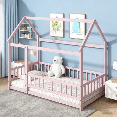 Twin Size Wooden House Floor Bed With Roof Frame & Safety Guardrails, Pink