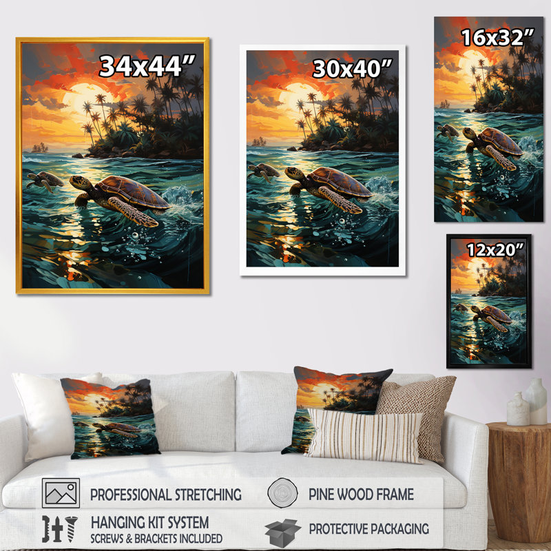 Dreamy Tropical Sunset Turtle Beach I - Tortue, art mural animal, H 44 po x l 34 po x P 1,5 po, Cadre flottant noir