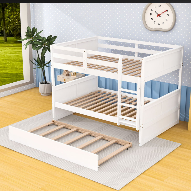 Lit superposé double en bois polyvalent avec lit gigogne simple et garde-corps de sécurité, Blanc