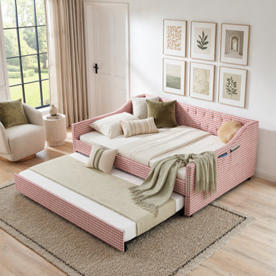 Upholstered Convertible Daybed with Tufted Button Backrest, 3‑in‑1 Versatile Sofa Bed with Pull‑Out Trundle & Side Storage