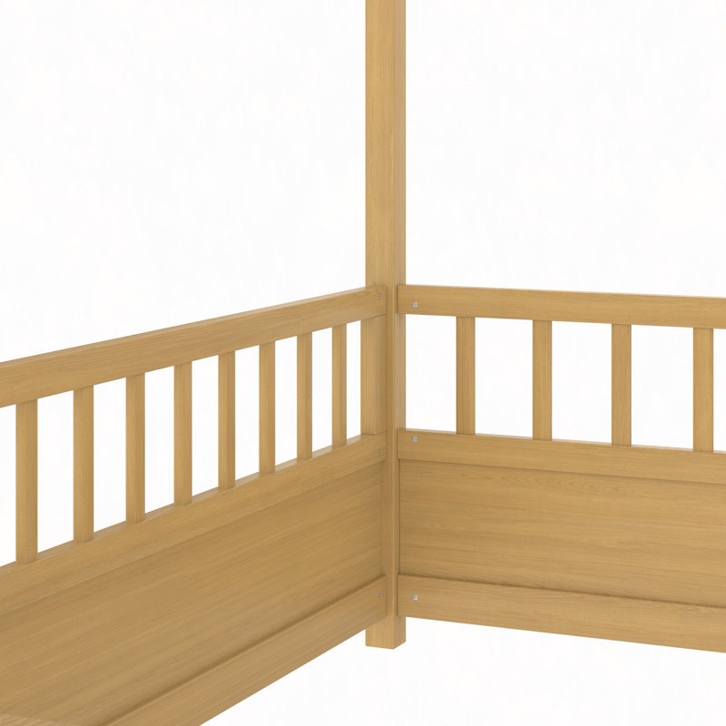 Lit de plancher en bois avec cadre de toit de maison, garde-corps de clôture, Lit simple
