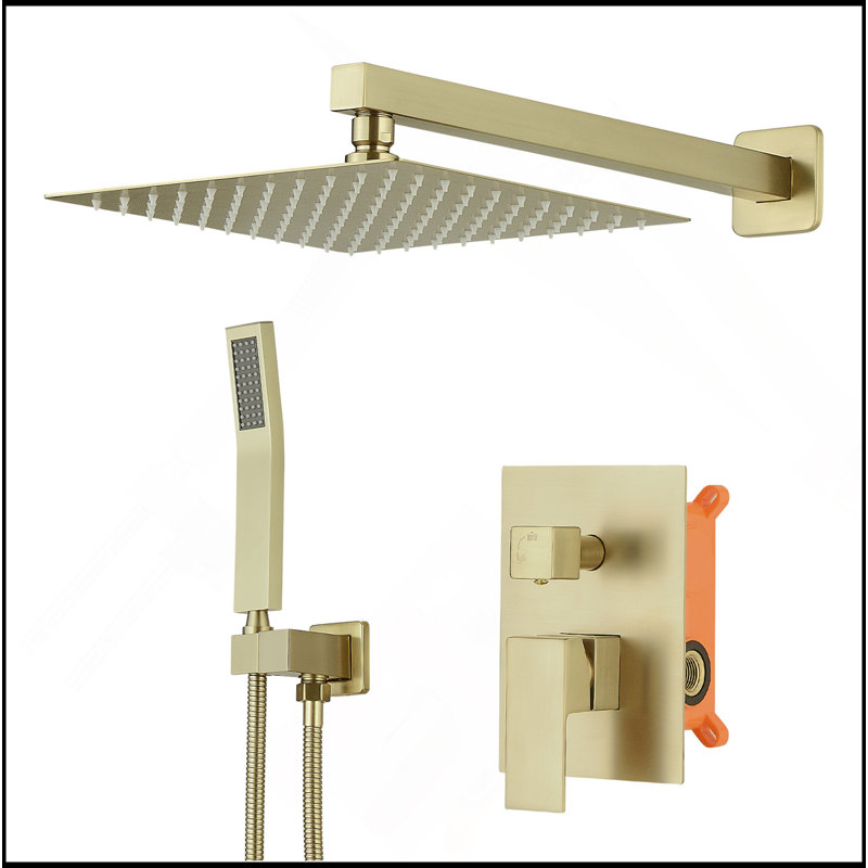 Système de douche brossé or Ensemble de douche mélangeur de pluie de luxe de 10 pouces Ensemble de pomme de douche mural et de robinet de douche à main