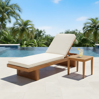 Steven Patio 2-Piece Acacia Wood Chaise Lounge & Slat Side Table Set With Adjustable Backrest & Cushion