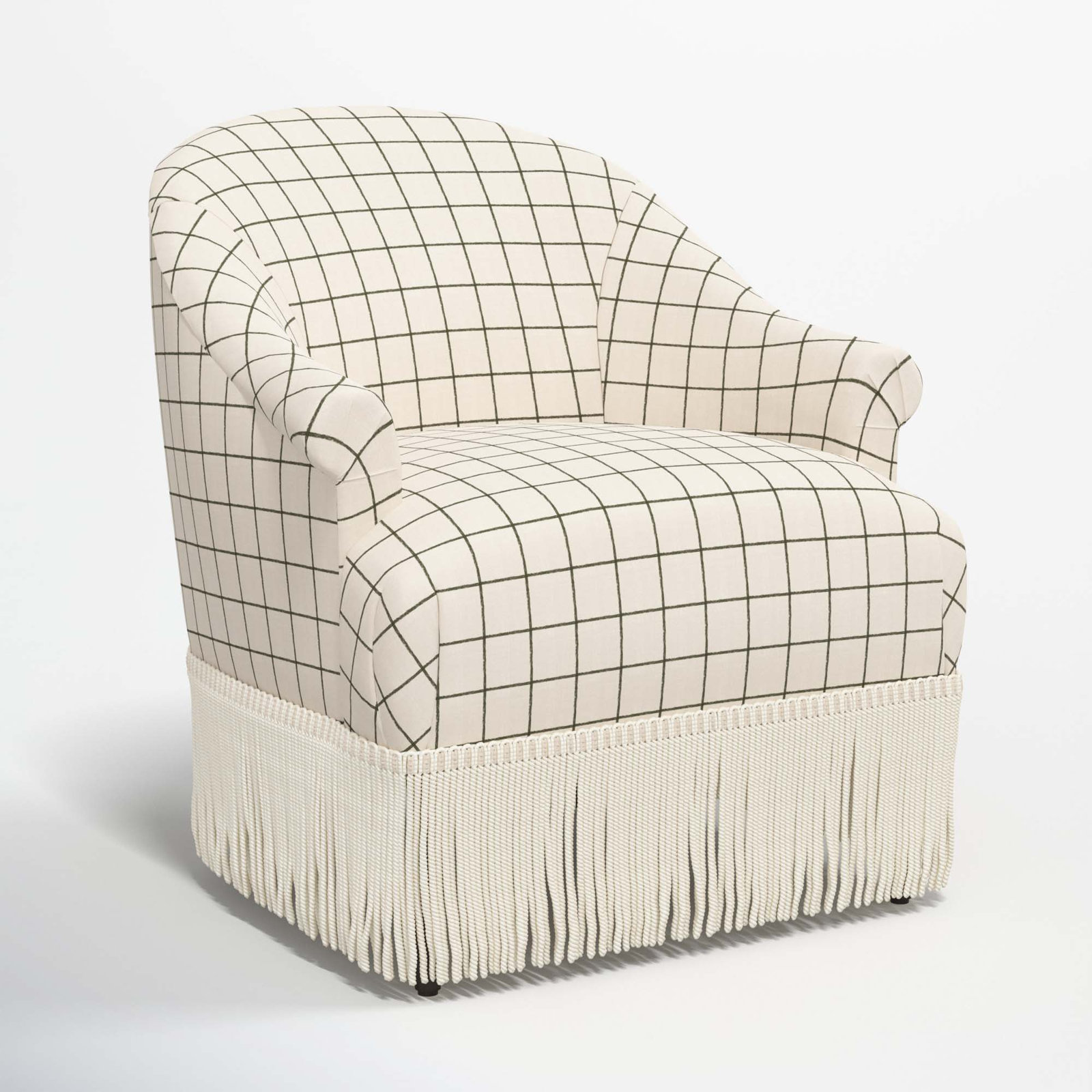 Callie Cotton Upholstered Barrel Chair, Line Tattersall Green, Ivory