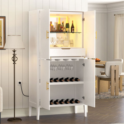 Modern Fluted Wine Cabinet with Glass Display & Stemware Rack, 4-Door Tall Storage Cabinet with Drawer & Adjustable Shelves, Freestanding Sideboard Bar Cabinet for Dining Room, Living Room