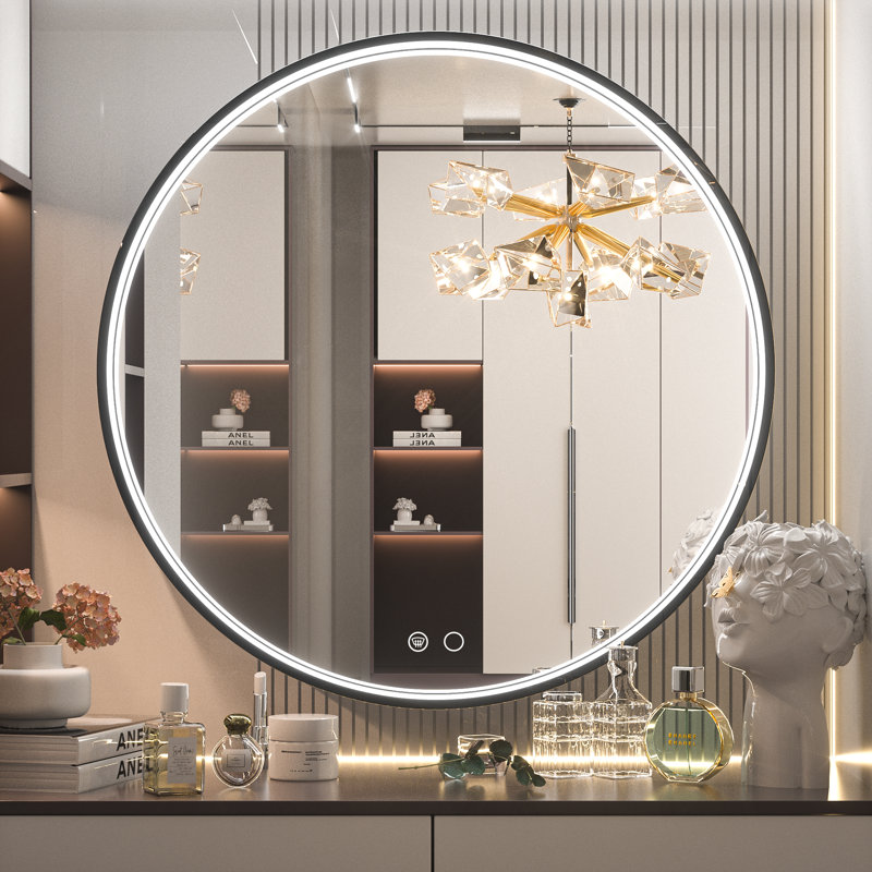 Akhiya Black Metal Frame LED Round Vanity Mirror with Lights, with Anti-Fog Dimmable Function, 32" x 32"