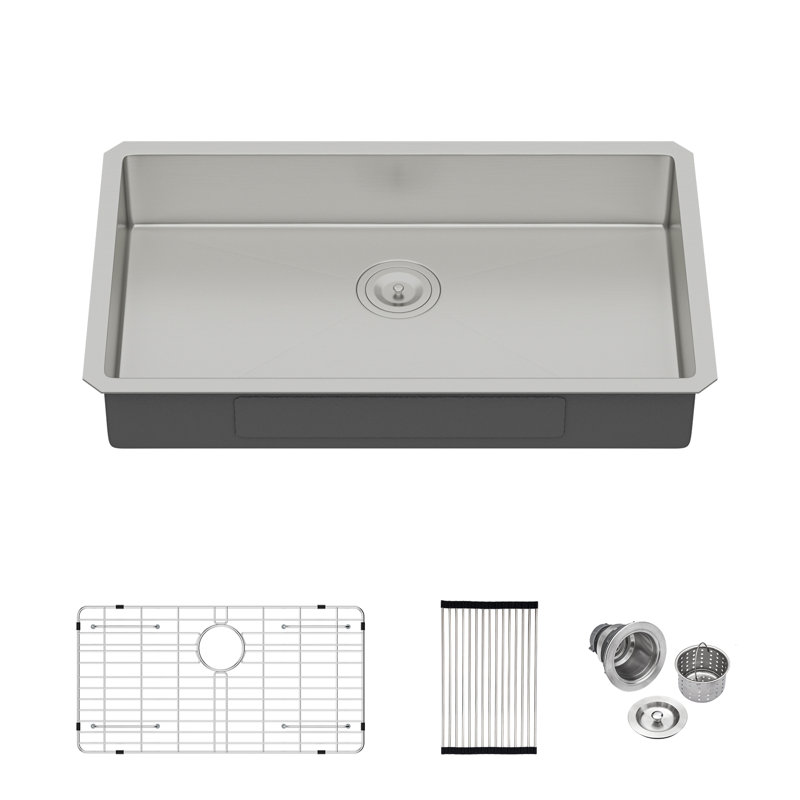 Évier de cuisine encastrable 27 po conforme à la norme ADA, évier simple fait à la main de calibre 16 en acier inoxydable de 27 po de profondeur avec grille d'évier, crépine et support à enroulement