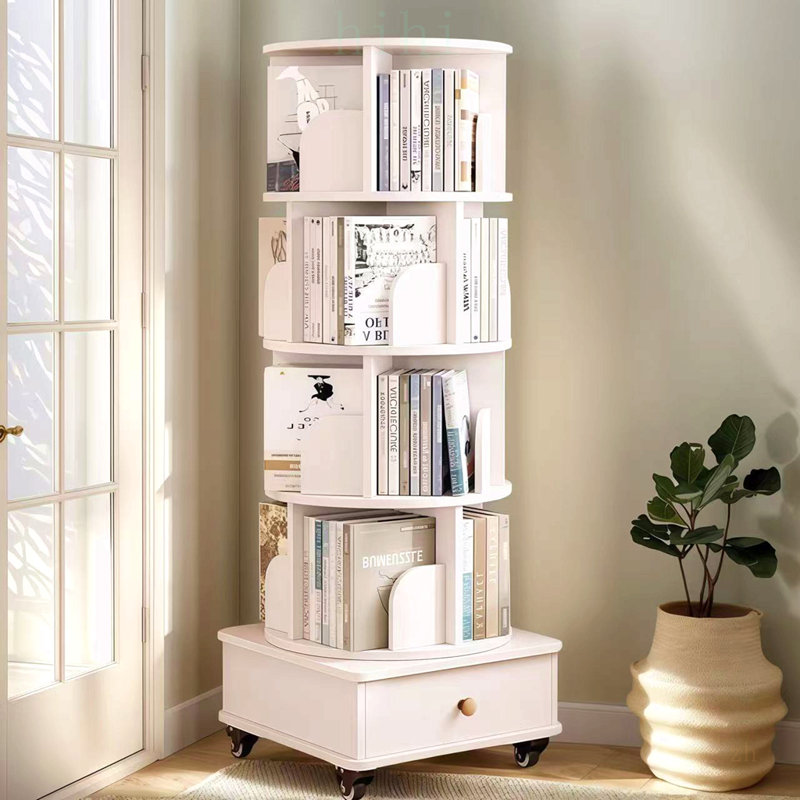 Bibliothèque d'angle rotative à 5 niveaux avec tiroir et rangement en bois pour les petites pièces, White