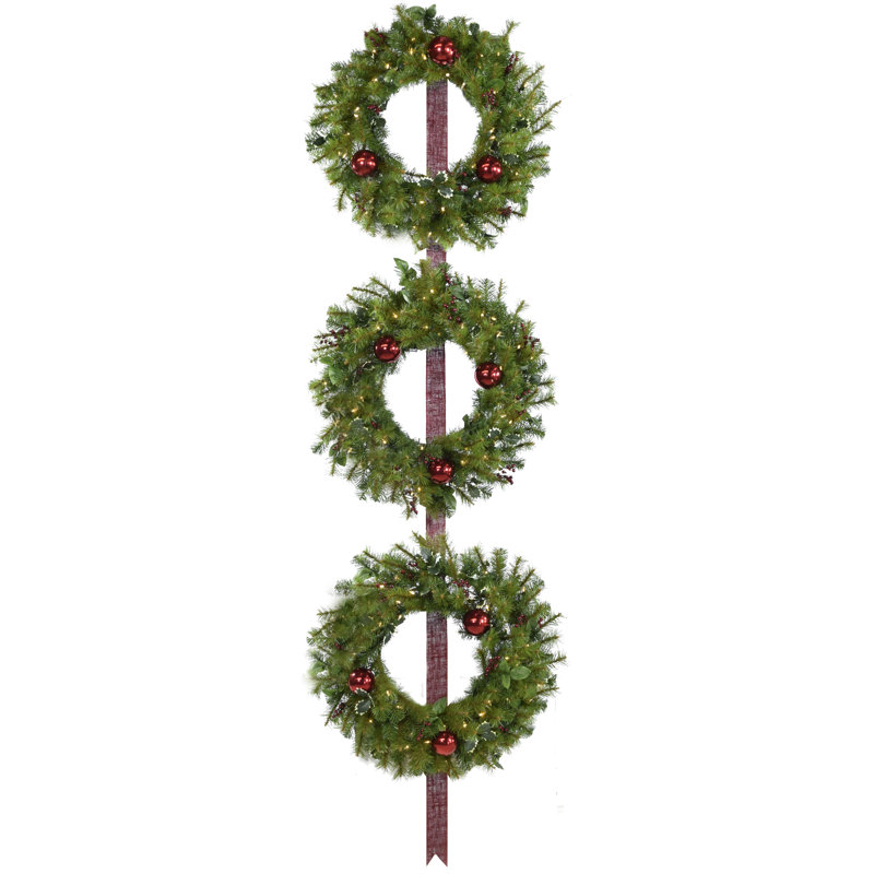 24-Inch Holly Berry Artificial Christmas Wreath Trio with Red Ribbon and LED Lights