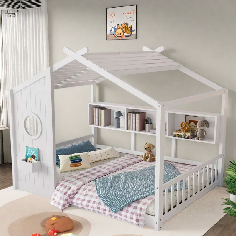 Lit sur pied avec tablettes de rangement, Lit double, Blanc