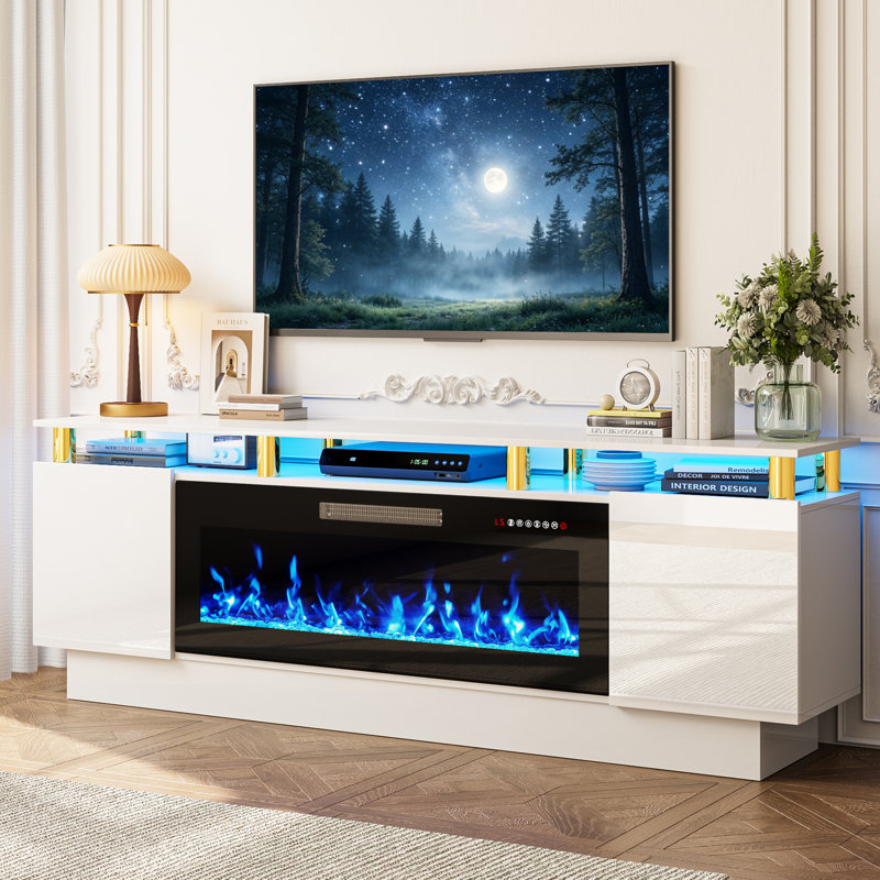 Meuble TV Aleila 70 po avec foyer électrique 40 po, console multimédia moderne à 2 niveaux pour salon, placards de rangement laqués brillants avec éclairage DEL, compatible avec les téléviseurs jusqu'à 83 po