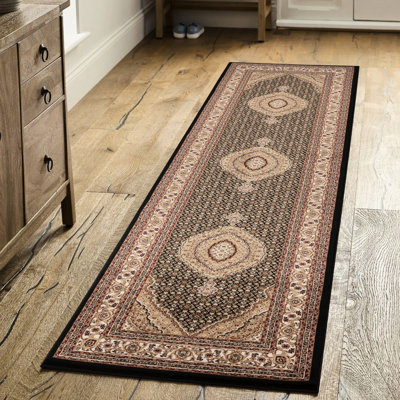 Tapis de couloir noir luxueux de luxe fabriqué à la machine, 2 pi 7 po X 9 po 10 po, 100% polypropylène, envers en jute, médaillon classique, avec polypropylène, pour circulation élevée