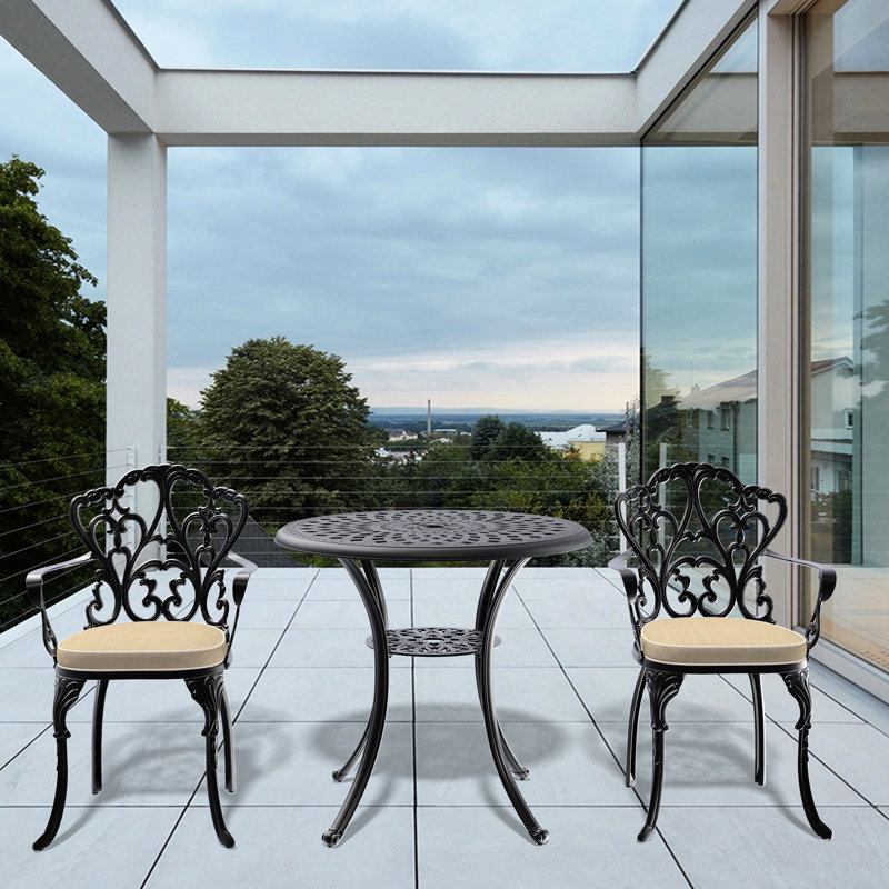 Patio noir en fonte d'aluminium avec chaises ergonomiques et coussins 2