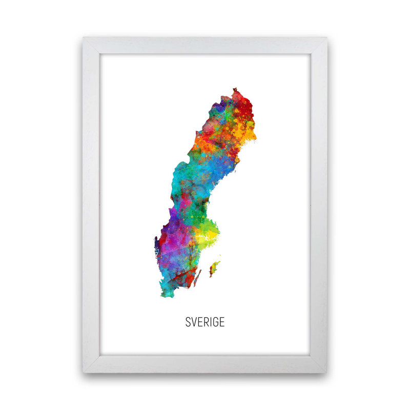 Sverige Watercolour Map by Michael Tompsett - Print, White Framed, 63cm H x 46cm W x 3cm D