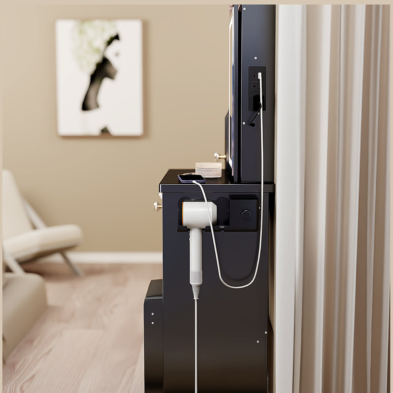 Petit meuble-lavabo de 29,2 po avec tiroir à gauche + tabouret rembourré, 2 blocs d'alimentation CA + 2 ports USB, support pour séchoir à cheveux, très grand miroir à DEL coulissant à commande tactile, changement de luminosité tricolore, réglage de la luminosité
