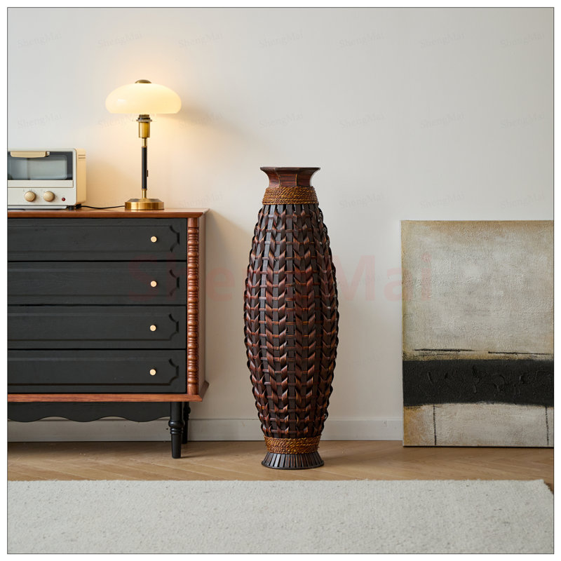 Handwoven Natural Bamboo Floor Vase, 38.97inch Tall Boho Decorative Vase for Living Room Entryway, Rustic Farmhouse Woven Vase for Pampas Grass, Dried Branches