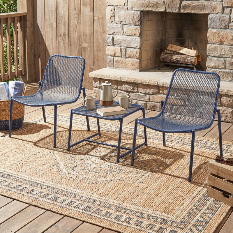 Outdoor 3-Piece Conversation Set With IRON Frame - 2 Mesh Chairs & 1 Side Table, Navy Blue
