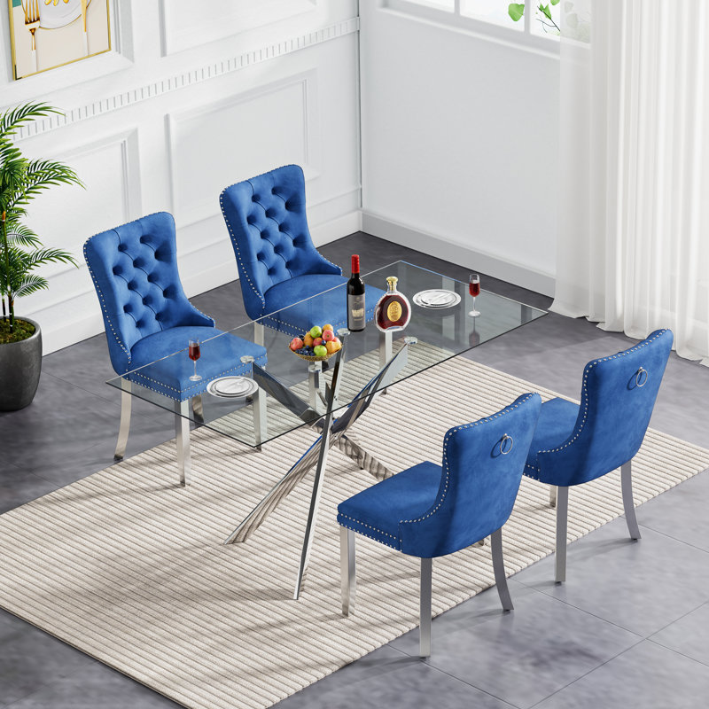 51" Glass Dining Table Set for 4, Modern Dining Room Table Set for 4, X-Shape Pedestal Glass Table with 4pcs Dining Chairs, 5 Piece Dining Set for Dining Living Room