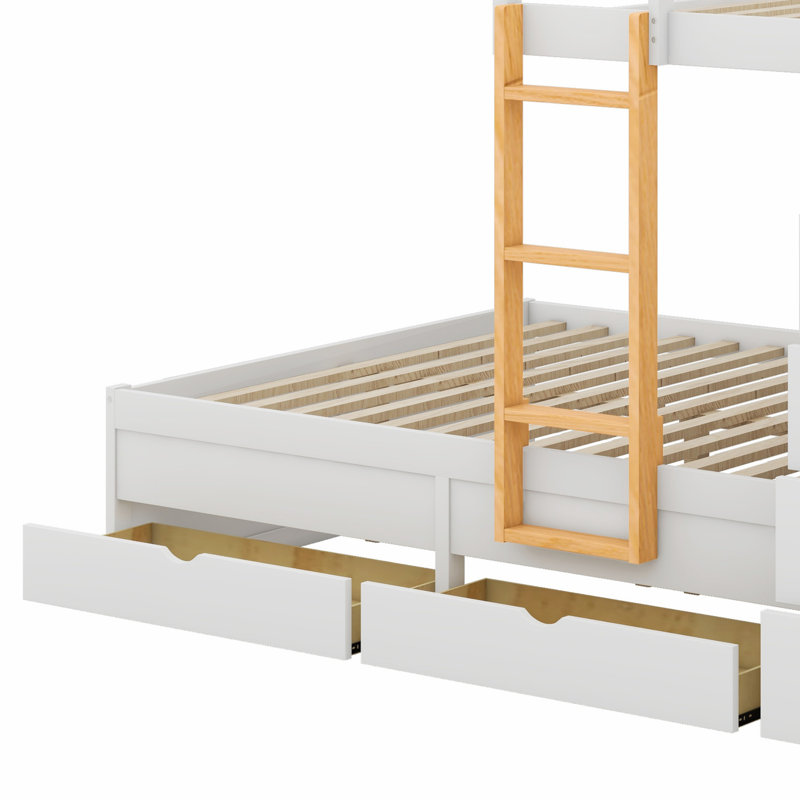 Lit superposé en bois avec petite armoire et 2 grands 5 petits tiroirs de rangement, Blanc