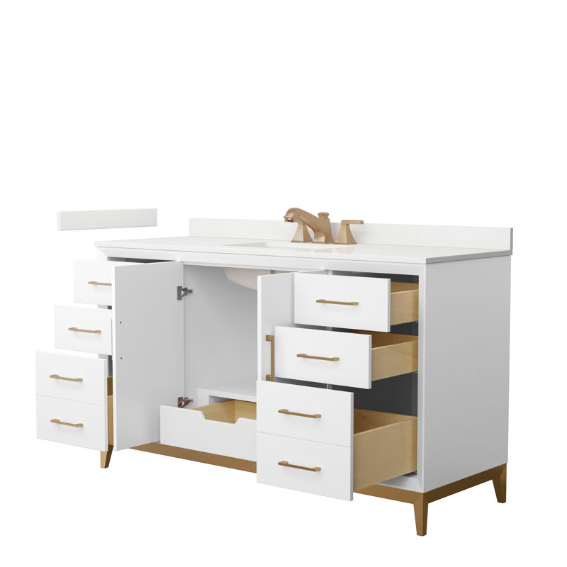 Ensemble de meuble-lavabo simple 42 po avec plateau Amici, Bronze satiné, Quartz blanc, 60"