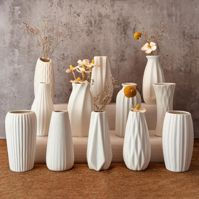 White Ceramic Vase Set Of 12, Small White Bulk Bud Vases For Pampas Grass For Wedding Table Centerpieces Decoration, Modern Boho For Rustic Vase