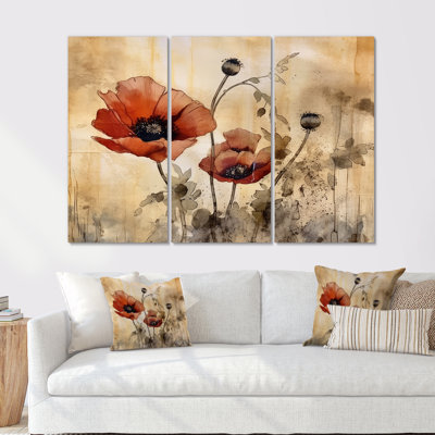 Vin catégorie de coquelicots rouges se balançant dans la brise - ensemble d'art sur toile coquelicots