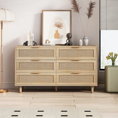 Multi purpose Rattan 6 Drawer Dresser,Modern Storage Cabinet with Wooden Legs