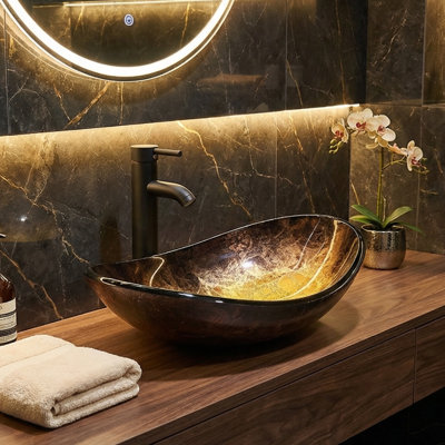 Vasque de salle de bain en verre artistique en forme de bateau, robinetterie noire et bonde clic-clac offerts, couleur or
