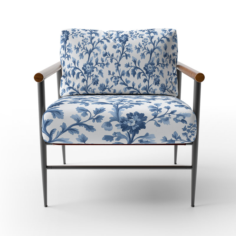Chaise rembourrée Coastal - Fauteuil Blue Toile, Bras ronds bruns