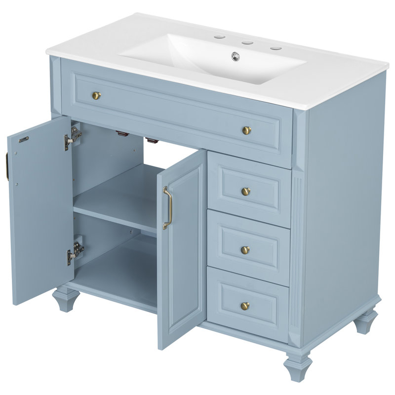 36" Bathroom Vanity With Sink, Blue/Gold