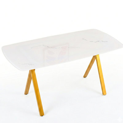 Dining Table With Rectangular Layout, Marble - Tempered Glass Surface, Golden Metal Legs, Stable Load Capacity Design, Glass, Triangular Structure